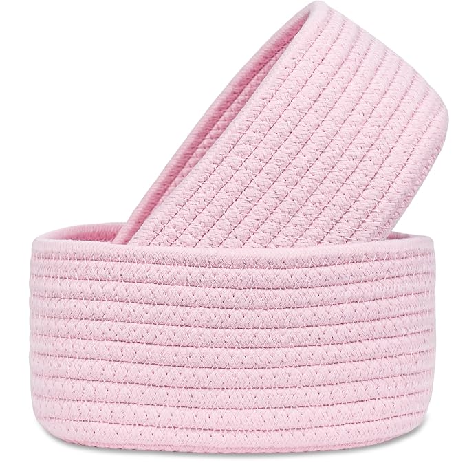 【2 Pack】ABenkle Small Woven Baskets, Tiny Oval Shallow Storage Baskets, Mini Cotton Rope Empty Decorative Basket, Boho Little Organizer Bins for Bathroom, Cat Dog Toy Gifts Baskets