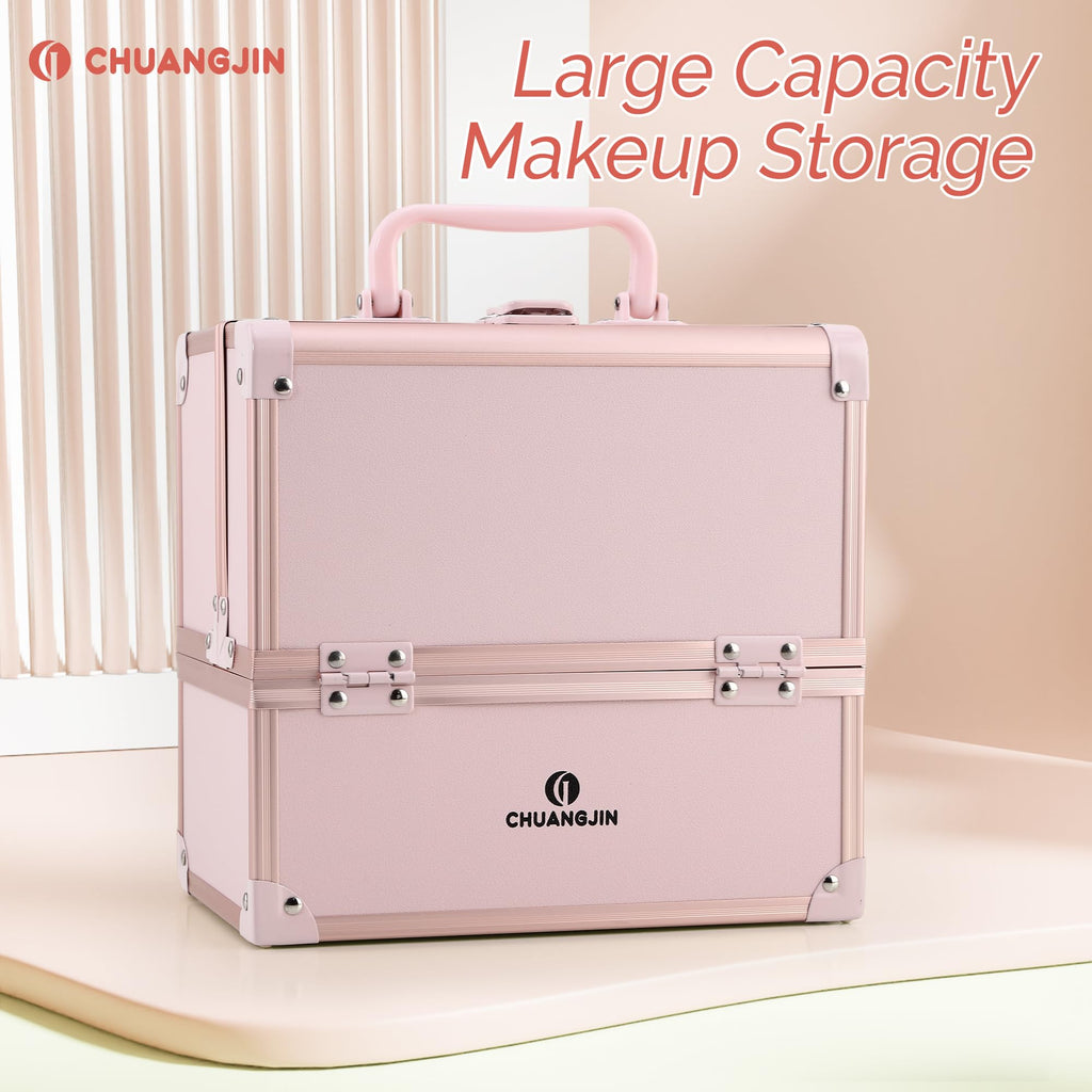 CHUANGJIN Makeup Box, 8.6 Inch 2-Tray Locking Makeup Case Organizer, Pink