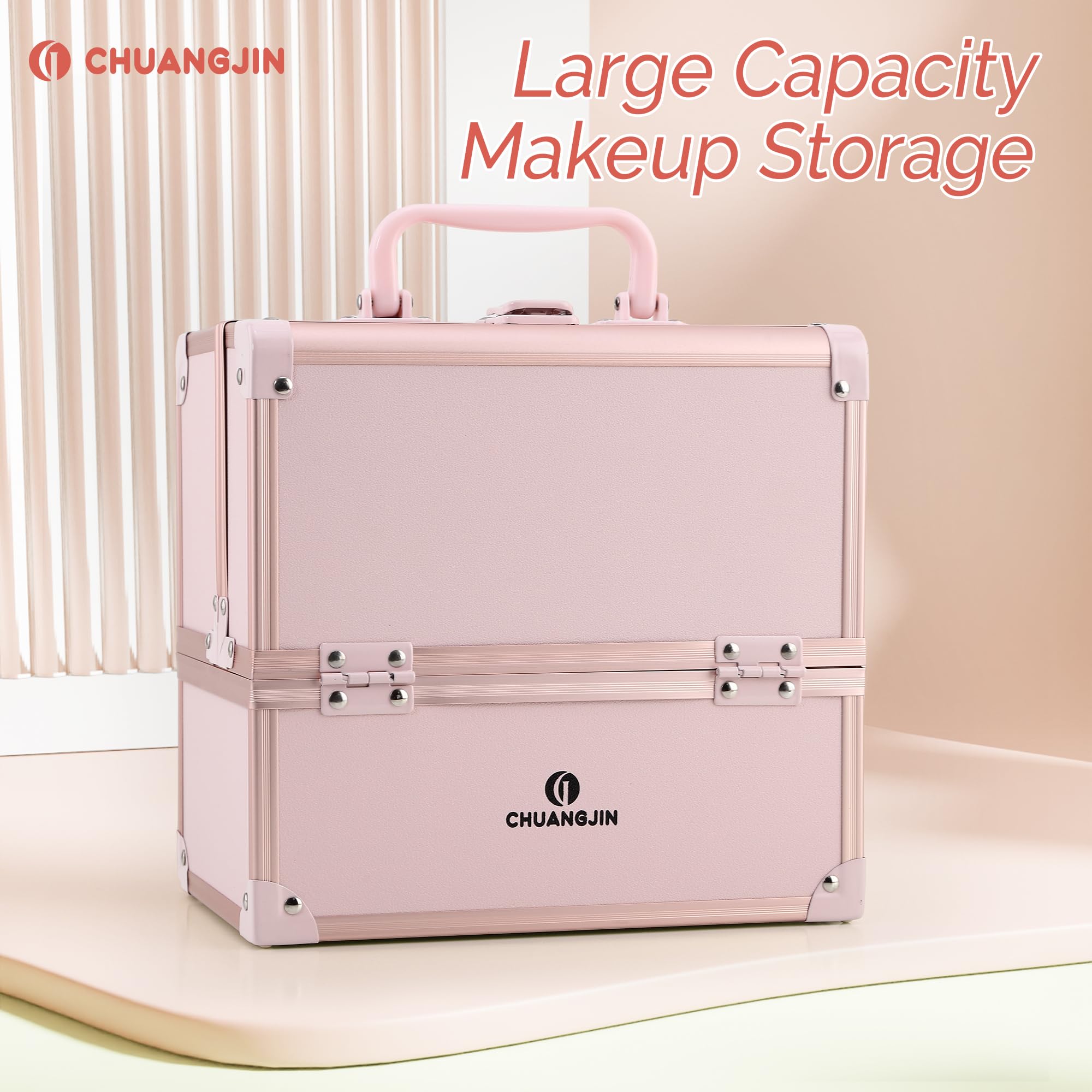 CHUANGJIN Makeup Box, 8.6 Inch 2-Tray Locking Makeup Case Organizer, Pink