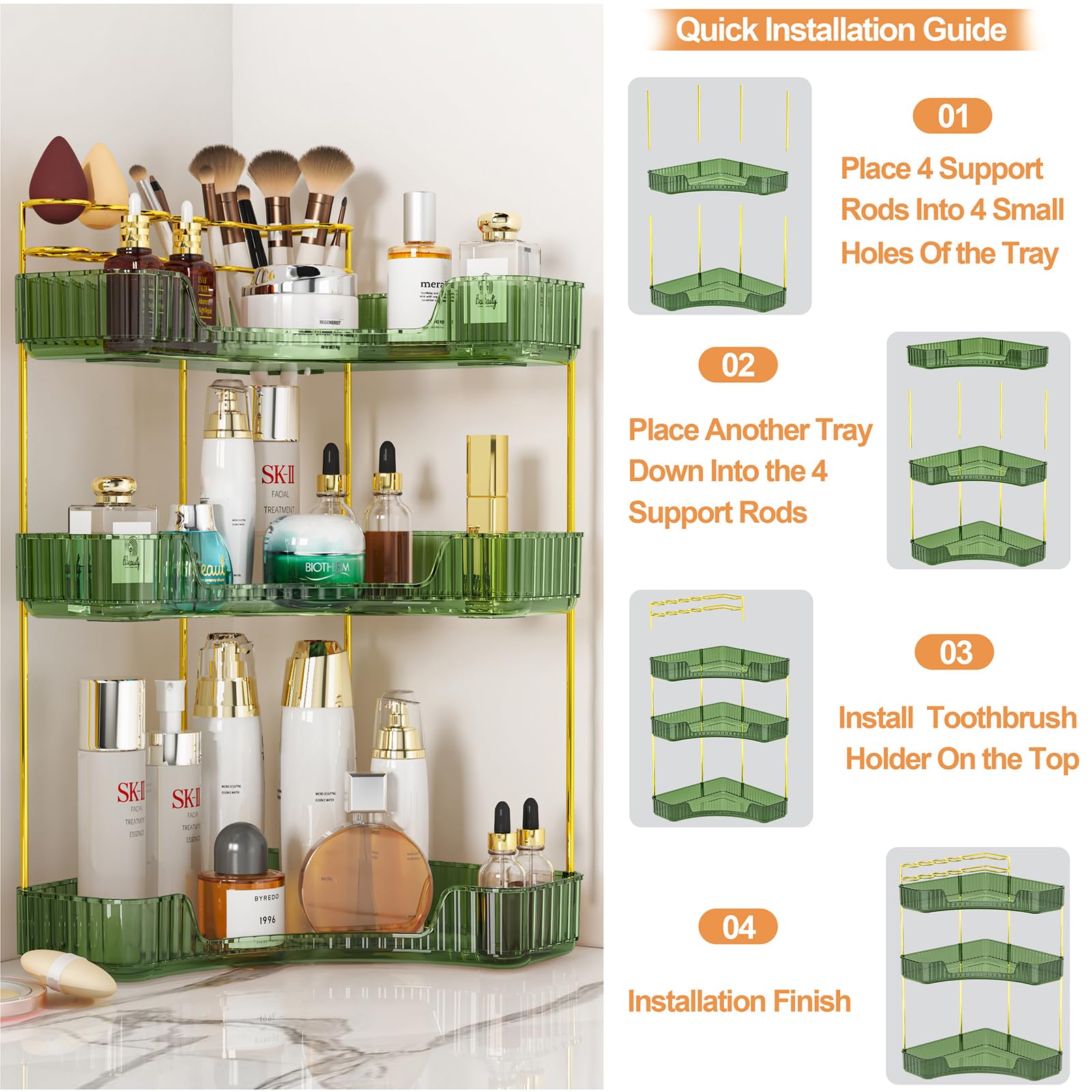SUNZOS 3-Tier Corner Bathroom Counter Organizer, Bathroom Organizer Countertop with Makeup Brush Holder, Vanity Makeup Cosmetic Storage, Corner Storage Organizers for Dresser