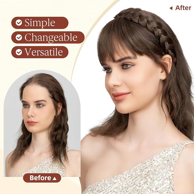 SARLA Braided Headband with 3 Detachable Clip in Bangs Fringe Hairpieces Fake Synthetic Hair Band Bangs for Women Dark Grey