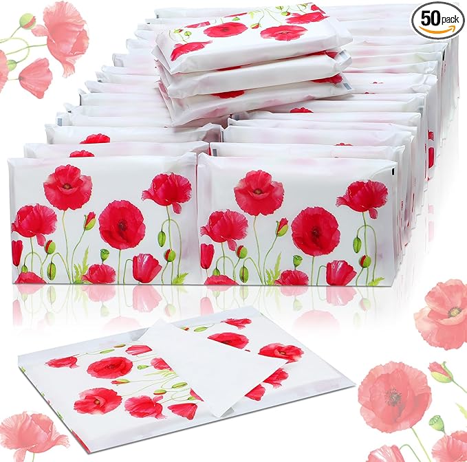 Geyee 50 Packs Tissue Travel Size Facial Paper Napkins Travel Packs Disposable Pocket Tissues for Wedding Guest Traveling School Purse Home Supplies, 500 Sheets 3 Ply(Poppy)