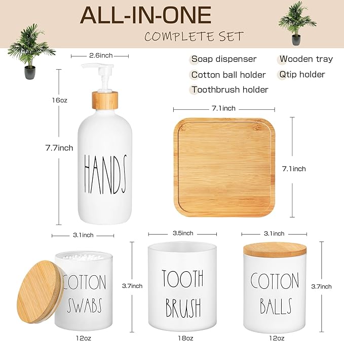 ALPIRIRAL White Bathroom Accessories, 5 Pcs Glass Bathroom Accessory Set with Bamboo Tray, Soap Dispenser and Toothbrush Holder Set, Qtip and Cotton Ball Holder, Farmhouse Boho Bathroom Set Complete