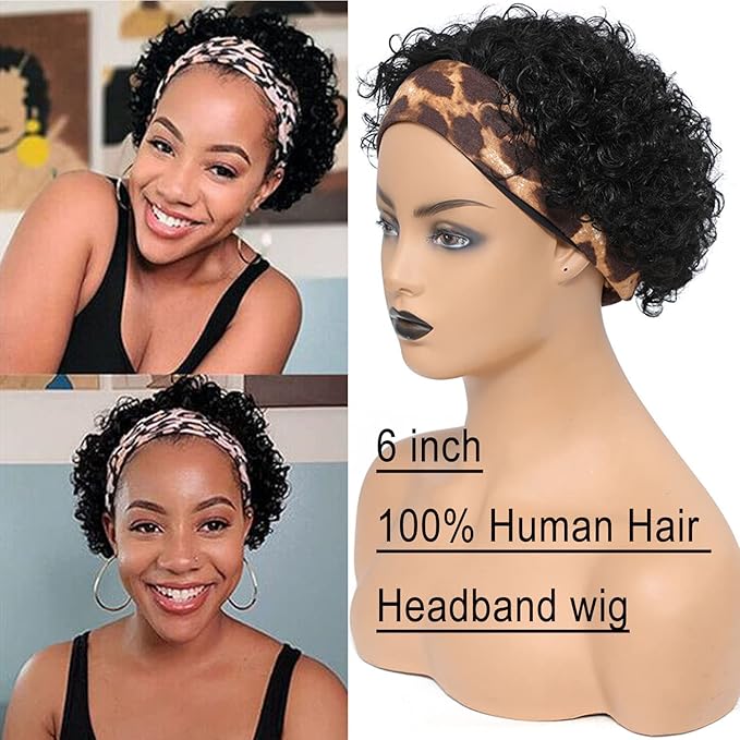 Headband Wig Human Hair Wigs for Black Women Pixie Cut Wig Put on and Go Glueless Wig Short Curly Headband Wigs 150% Density Natural Black 6 Inch