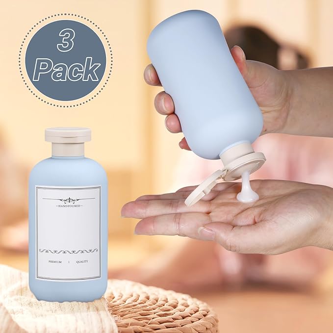 UMETASS 10oz Travel Shampoo Bottle, Empty Plastic Squeeze Bottles with Flip Cap, Lotion Container for Toiletries Travel Size Shampoo and Conditioner (3 PACK BLUE)