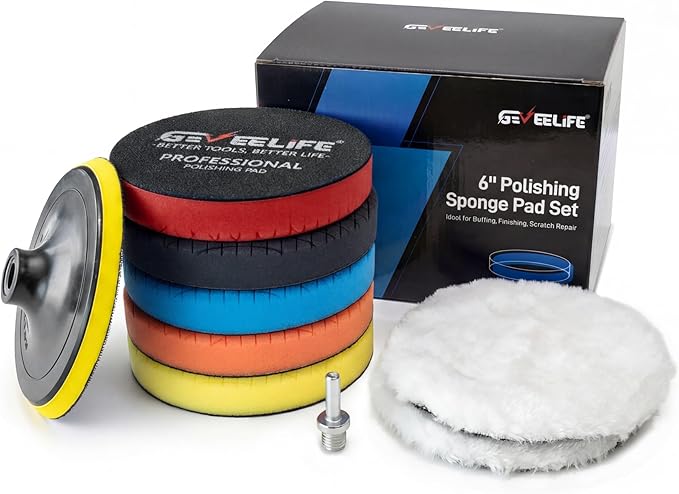 GEVEELIFE 9Pcs Buffing Polishing Pads Kit, 6 Inch Buffing Pads, Sponge & Woolen Pads with M14 Drill Adapter & Backing Plate for Car Care, Polishing, Washing, Cleaning, Waxing