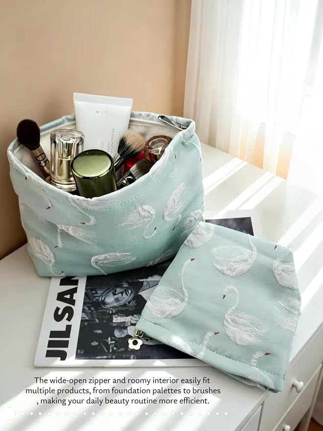 RIKMOXR 2-Pack Swan Print Makeup Bag Set - Large Capacity Light Blue Cosmetic Organizer | Travel Toiletry Pouch for Women Girls (Cute Animal Print, Zipper Closure)