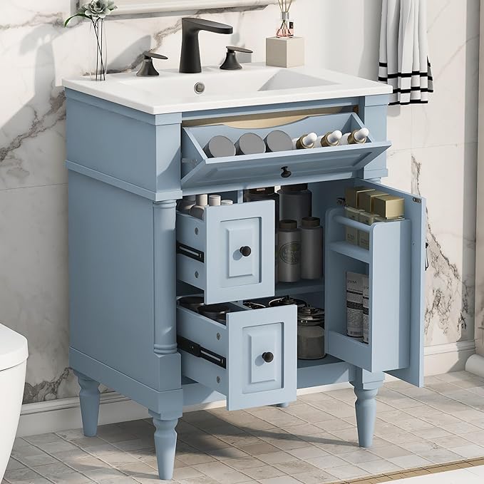 Harper & Bright Designs 24" Bathroom Vanity with Sink, Free Standing Bathroom Vanity Set with Flip Drawer, 2 Drawers, and Adjustable Shelf, Storage Cabinet with Ceramic Basin for Bathroom, Blue Grey