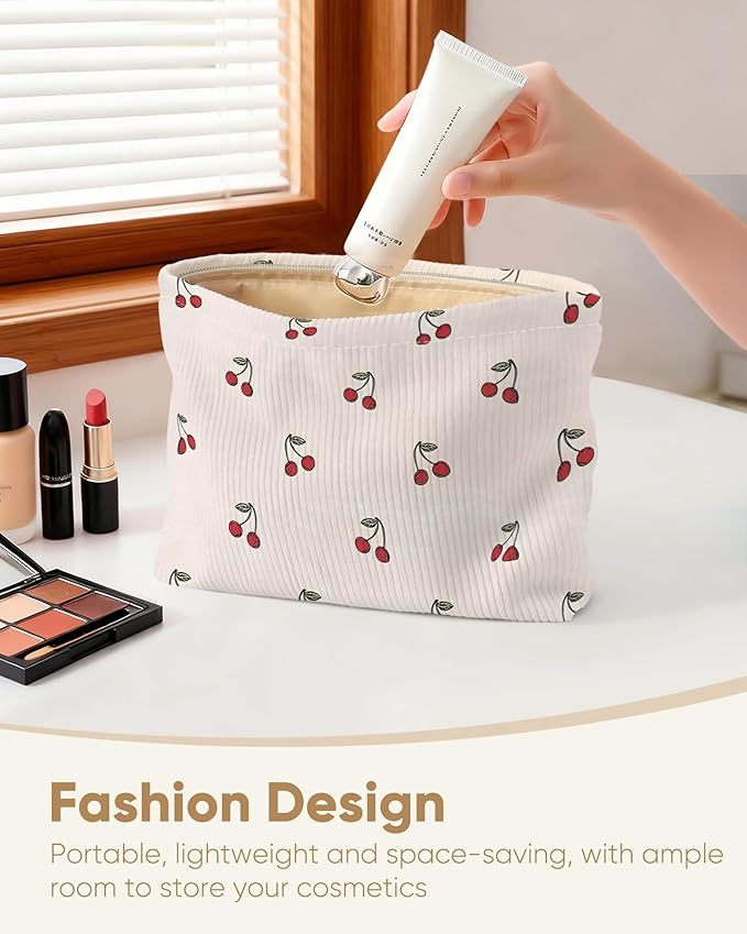 Ksriylm Cute Red Cherry Makeup Pouch for Women Small Make Up Beige Cherries Pattern Bag for Purse Zipper Initial Makeup Cosmetic Bags Pouches for Purse Aesthetic Travel Toiletry Bags
