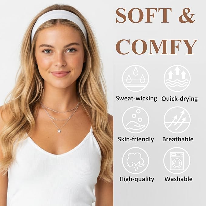 Huachi Headbands for Women Non Slip 16 Pack Elastic Sports Hair Bands for Women, Soft Cotton Cloth Headband for Workout Yoga Fashion Hair Accessories