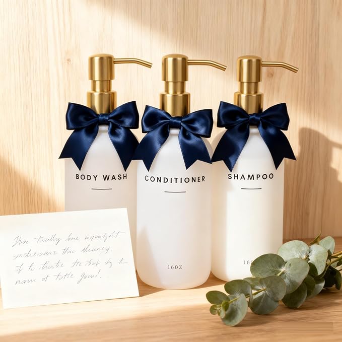 Set of 3 Shampoo and Conditioner Dispenser Stainless Steel Pump Head - 16oz Durable Shower Soap Dispenser and Shampoo Bottles - Easy to Refill Bathroom soap Dispenser Set Bathroom Decor with Labels