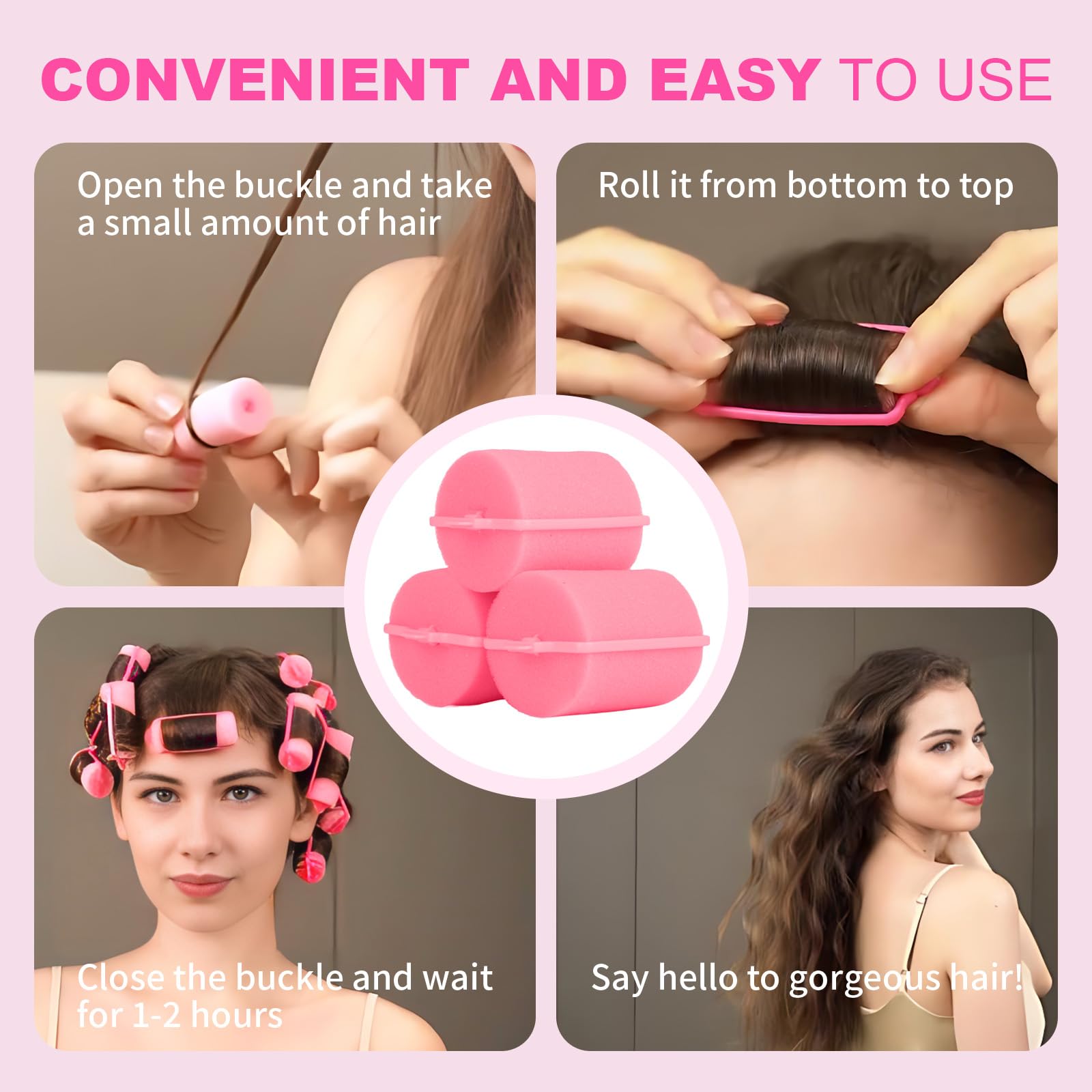 Amzpus 24 Pieces Foam Sponge Hair Rollers - Soft Sleeping Hair Curlers for Hair Styling (2inch, Pink)