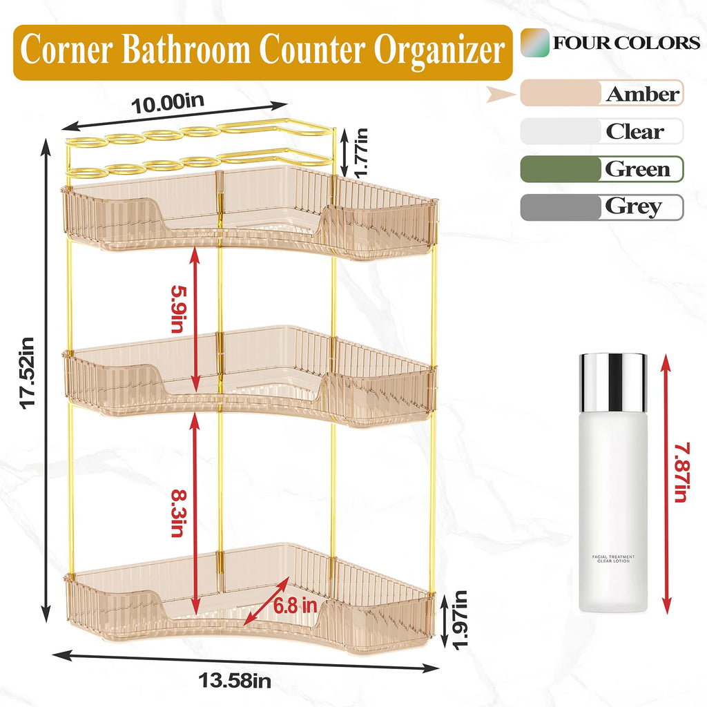 SUNZOS Corner Bathroom Counter Organizer, 3-Tier Countertop Perfume Tray Organizer with Makeup Brush Holder, Vanity Makeup Cosmetic Storage for Dresser