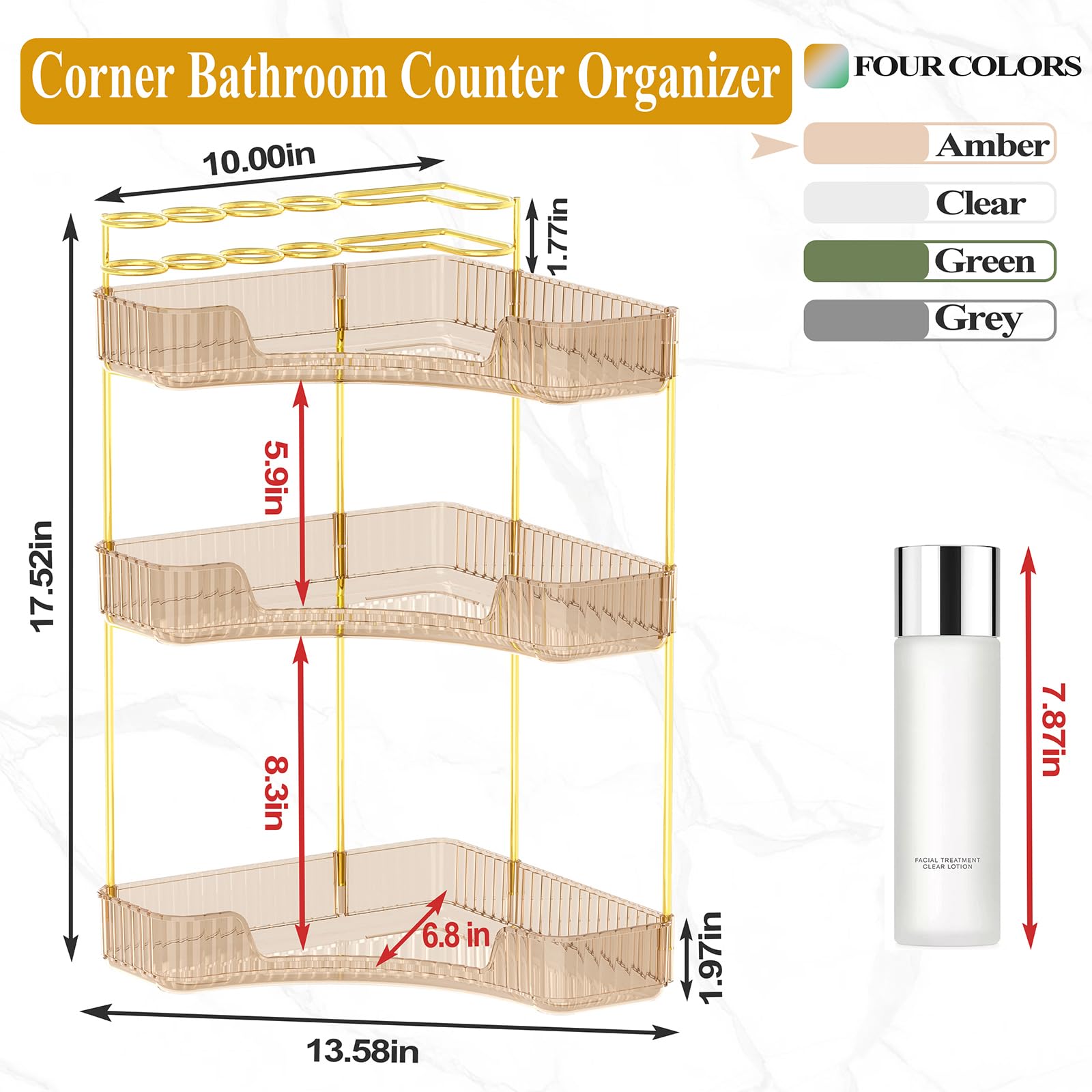 SUNZOS Corner Bathroom Counter Organizer, 3-Tier Countertop Perfume Tray Organizer with Makeup Brush Holder, Vanity Makeup Cosmetic Storage for Dresser