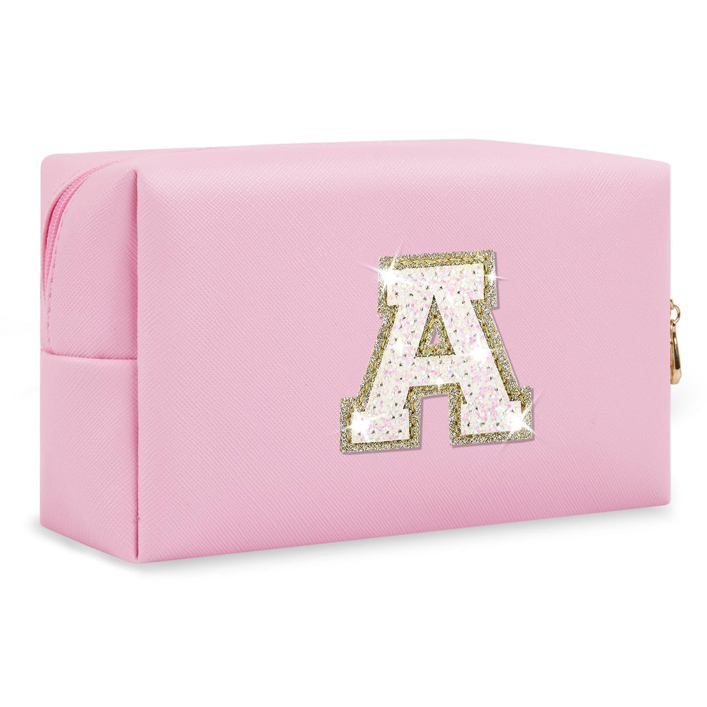 Bride Gifts – Personalized Initial Makeup Bag with Pearl Rhinestone Patch, Preppy White Monogram Cosmetic/Toiletry Pouch, bridesmaid Gifts, Bridal Shower Gifts, Wedding Gifts, Bridal Gifts,U — A