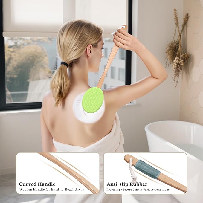 AmazerBath Lotion Applicator for Back, Feet, 4 Replacement Pads with 17" Curved Handle, Back Sunscreen Applicator for Kids, Elderly, Apply Skin Cream Medicine Moisturizer Tanner, Soft Grass Green