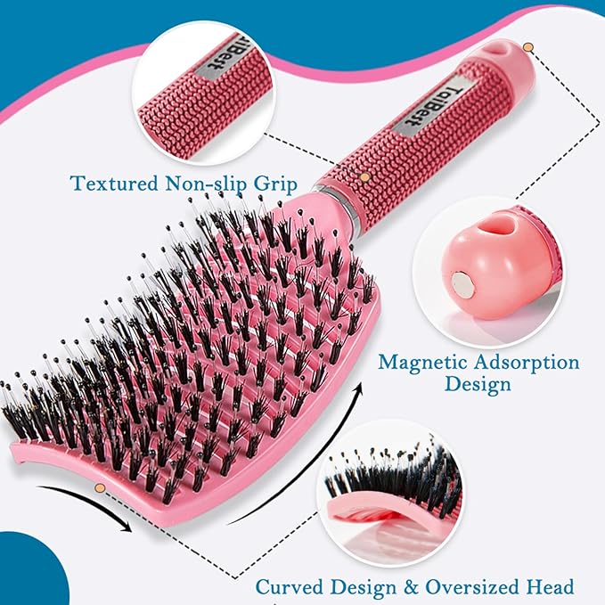 TaiBest Boar Bristle Hair Brush Set - Dry/Wet Hair Brush Detangler for Fine, Thick, Curly Hair - Curved and Vented Brush for Women, Men or Kids (Green & Apricot Pink)