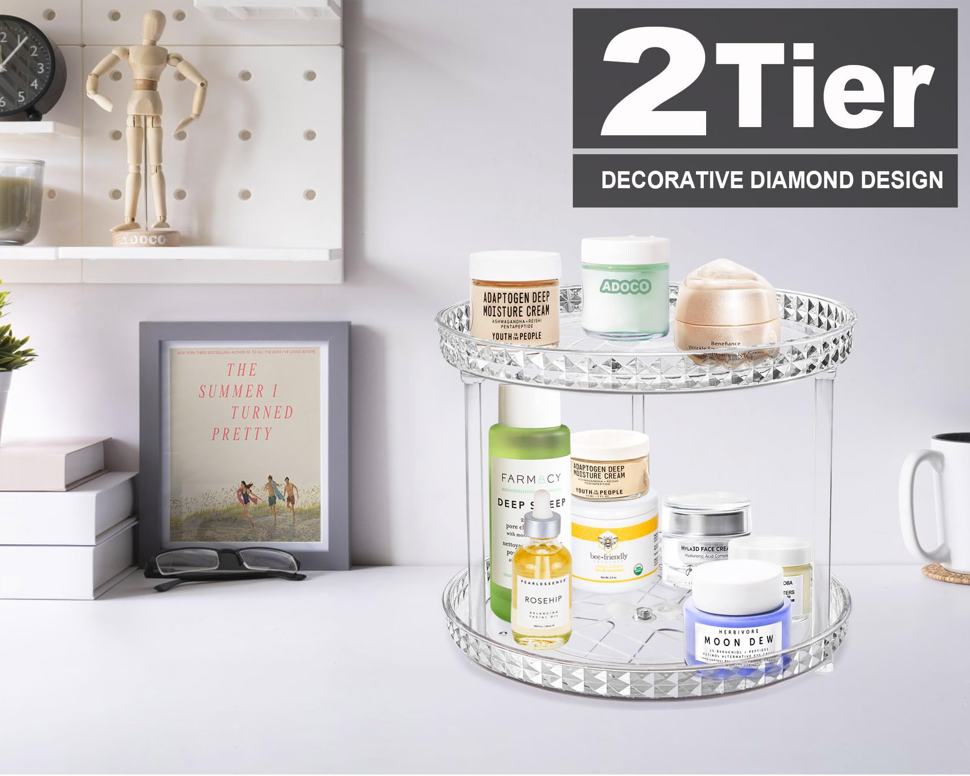 2 Tier Diamond Lazy Susan Bathroom Organizer Countertop, Clear 360 Rotating Cosmetic Makeup Organizer for Vanity, Skincare Organizers Perfume Organizer for Counter - Organization and Storage -9.25INCH