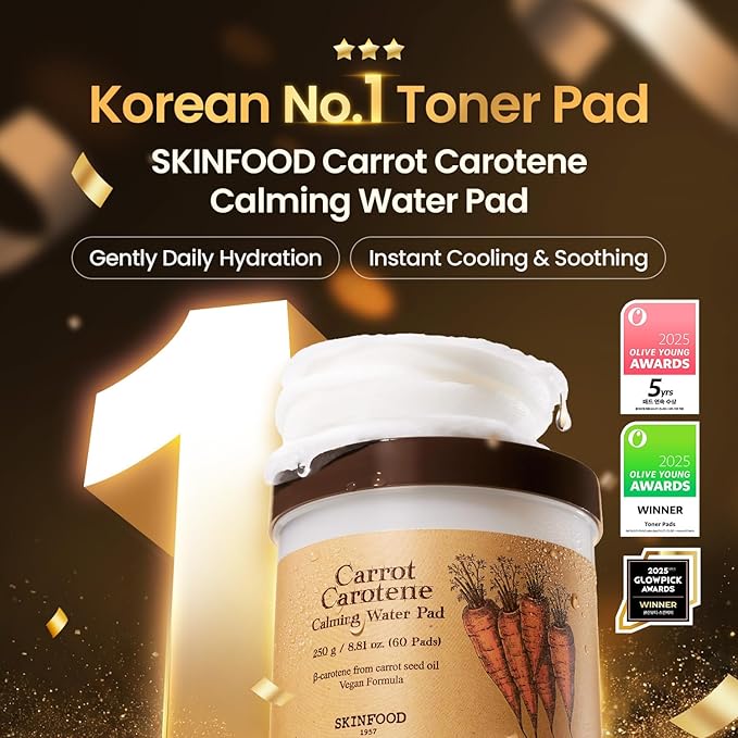 SKINFOOD Carrot Carotene Toner Pads, Hydrating & Soothing, Cotton Facial Toner Pads for Sensitive Skin, Korean Skincare for Face, Quick Calming, After Sun & Heat Care, 60 Pads