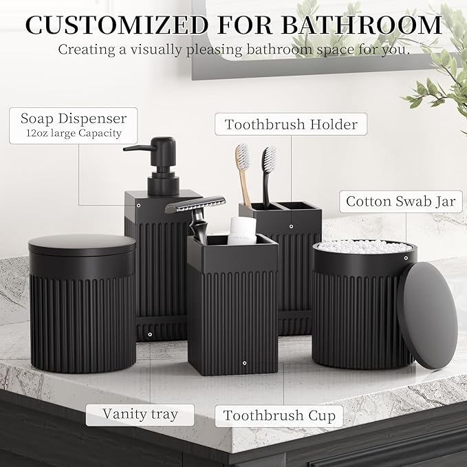 InnJoey 6-Piece Black Bathroom Set - Sleek Resin Organizer with Soap Dispenser, Toothbrush Holder, Vanity Tray, Tumbler & Apothecary Jars for Small Spaces