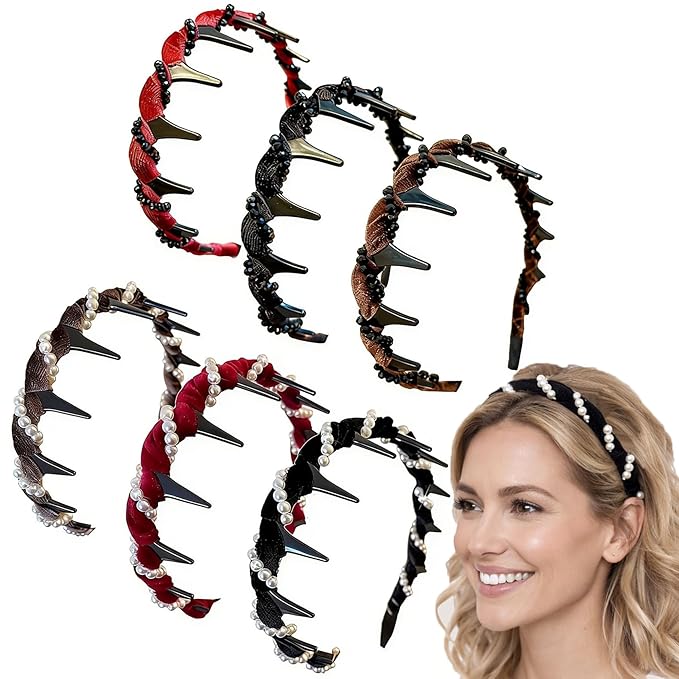 6 Pcs Headbands for Women with Teeth, Non-Slip Wavy Comb Headbands with Teeth, High Skull Hair Bands for Slicked Back & Volume Styling, Pearl Beaded Accessories for Parties, Weddings & Short-Term Wear