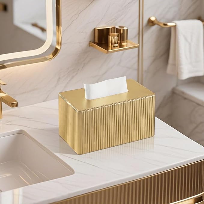 MEIBOOCH PU Leather Tissue Box Cover Square, Cube Tissue Box Holder with Magnetic Closure, Decorative Tissue Holder for Bathroom Bedroom Office (Gold, Rectangle Height of 4.7 in)