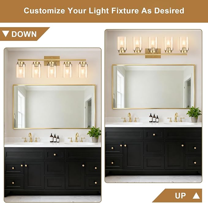 IZORRO Modern Bathroom Light Fixtures, 5 Light Brushed Gold Vanity Lights, Bathroom Lighting Fixtures Over Mirror with Clear Glass for Living Room Cabinet Bedroom