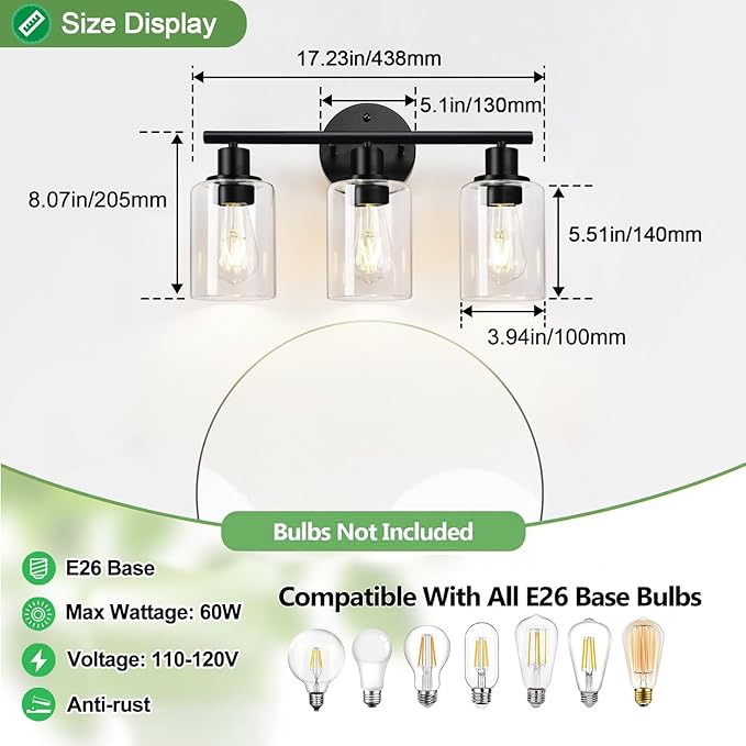 Zarbitta 3-Light Bathroom Light Fixtures, 17.23" Black Modern Vanity Lights with Clear Glass Shade, Bathroom Wall Lamp for Mirror Kitchen Living Room Hallway Cabinet Porch