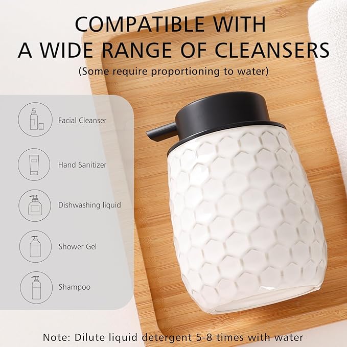 Foaming Soap Dispenser, 12OZ Ceramic Foam White Hand Soap Dispenser with Honeycomb Design for Kitchen or Bathroom, Refillable Dish Lotion Dispenser, ANTIS'S HOME