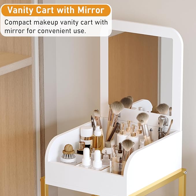 ZQUYAJ Makeup Cart Organizer with Mirror, Floor Makeup Organizer Large- Make Up Organizers Vanity Cart Cosmetic Display Cases Holder for Skin Care Perfume Nail Polish Brush Hair Tool (Gold)