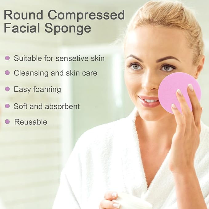 WORFACE 120 Pcs Pink Compress Face Sponges - Compact Facial Sponge Set for Cleansing, Makeup Removal, Exfoliation