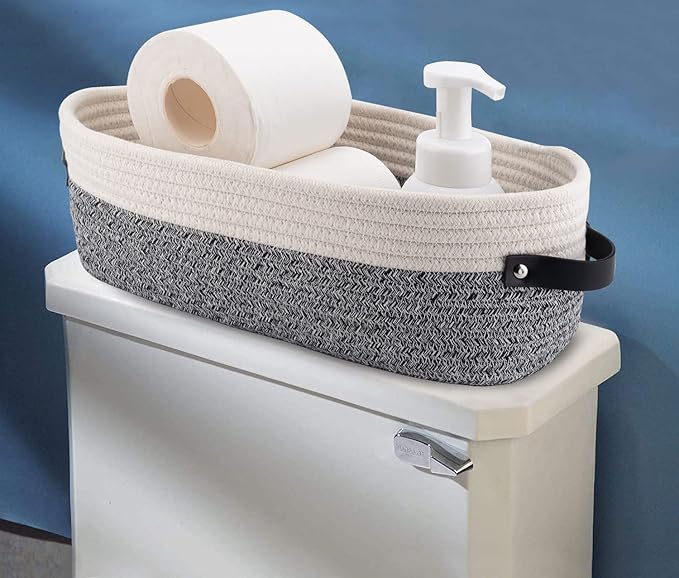 Oradrem 2 Pack Small Cotton Rope Woven Basket Toilet Paper Baskets for Organizing Decorative Basket for Boho Decor Small Storage Basket 13"x5.9"x4" Variegated Gray&White