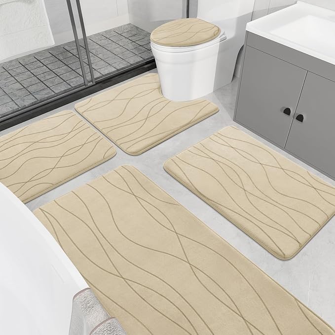 YIHOUSE Bathroom Rugs Set 5 Piece, Memory Foam Bath Mat Khaki