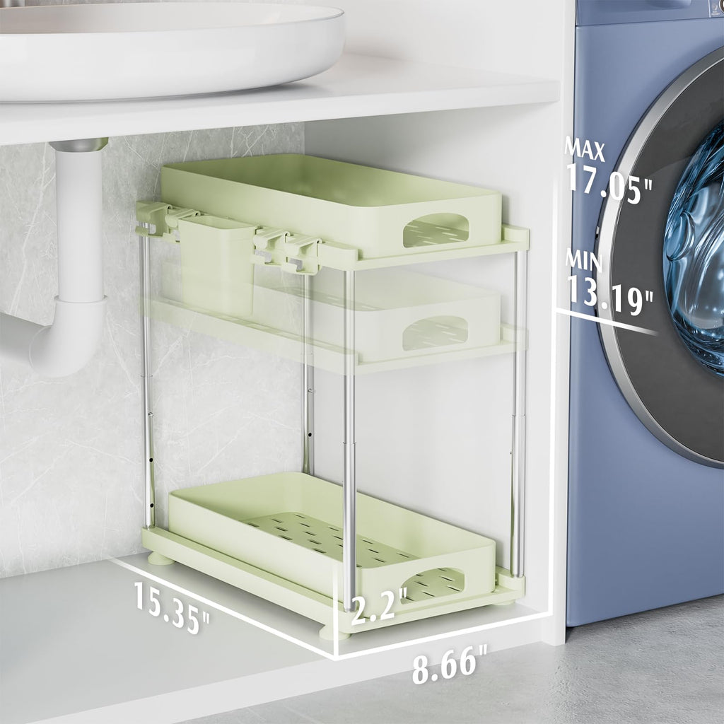 VERIFOST Under Sink Organizer, 2 Pack Under Kitchen Bathroom Cabinet Organizer, 2 Tier Under Bathroom Kitchen Sink Organizer, Adjustable Height Bathroom Kitchen Cabinet Organizers and Storage, Green