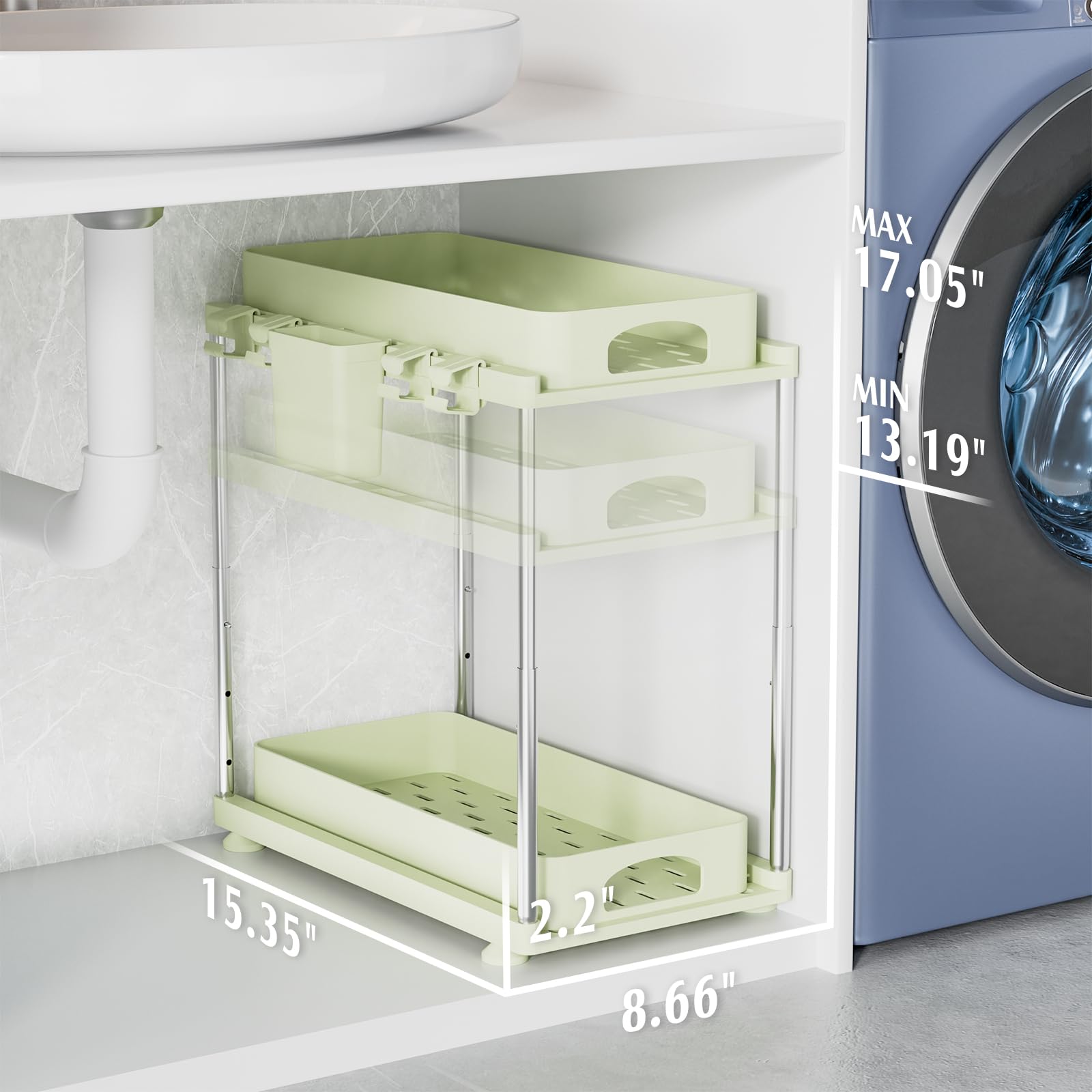 VERIFOST Under Sink Organizer, 2 Pack Under Kitchen Bathroom Cabinet Organizer, 2 Tier Under Bathroom Kitchen Sink Organizer, Adjustable Height Bathroom Kitchen Cabinet Organizers and Storage, Green