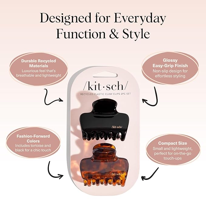 Kitsch Medium Claw Clips for Women - Strong Hold & Stylish Glossy Puffy Design Hair Accessories | Half-Up or Full Updos - 2pc Set, Black & Tort