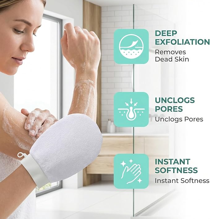 Deep Exfoliating Body Mitt - Style Scrub Glove for Dead Skin, Dry Skin & Self Tan Removal - Ideal for Bumpy Skin, KP Treatment & Shower Care 3pcs