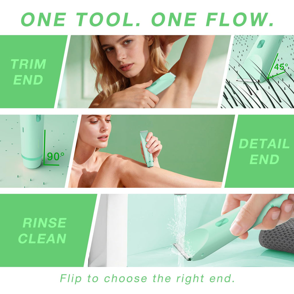 Fanovae Bikini Trimmer for Women, 2 in1 Electric Razor for Pubic Hair, Bikini Line and Body, Dual-Ended Shaver, USB-C Rechargeable, IP67, Designed for Sensitive Areas (Green)