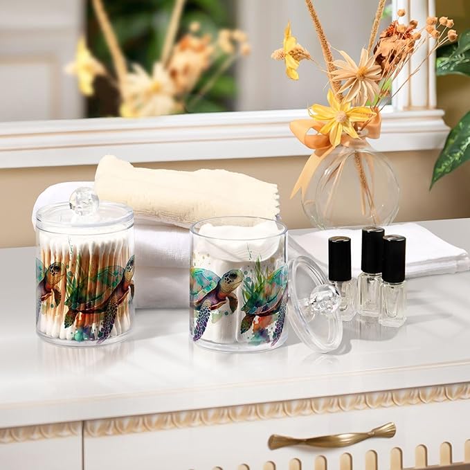 4 Pack Qtip Holder Dispenser Turtle Watercolor Cotton Ball Cotton Swab Round Pads Floss Clear Bathroom Storage Containers Plastic Apothecary Jars with Lids