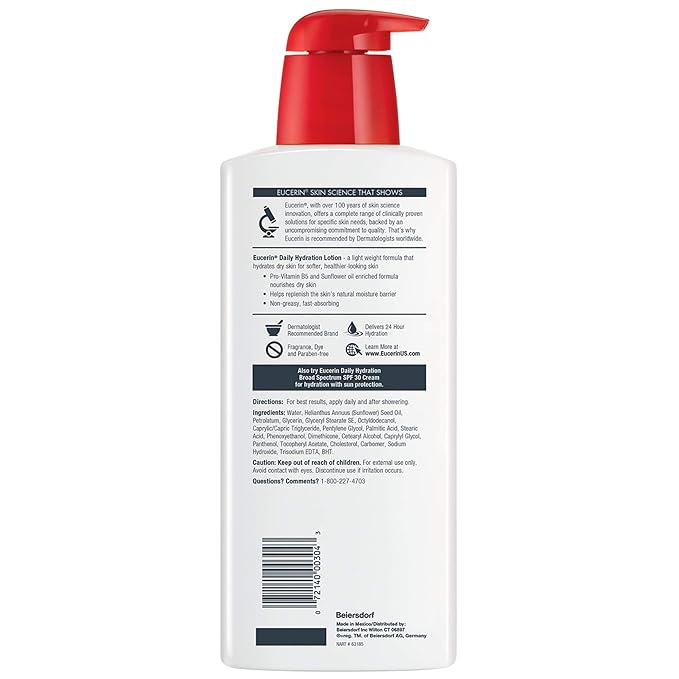 Eucerin Daily Hydration Body Lotion for Dry Skin, Unscented Body Moisturizer with Sunflower Oil and Pro-Vitamin B5, 16.9 Fl Oz Bottle, Pack of 3