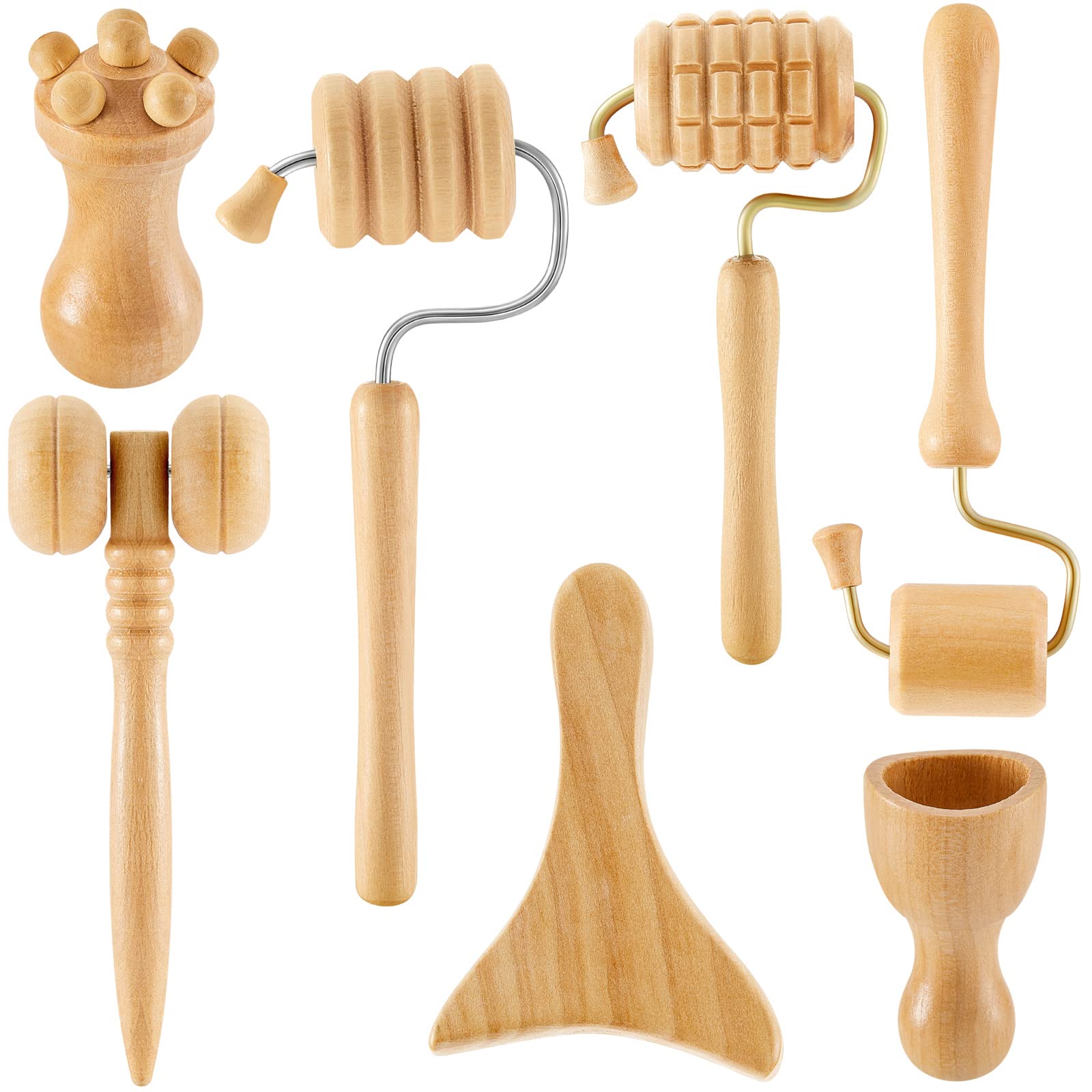 Boao 7 Pcs Wood Therapy Massage Tools Set, Wooden Face Massage Tool & Roller Kit for Lymphatic Drainage Care, At-Home Relaxation & Facial Care, Natural Wood