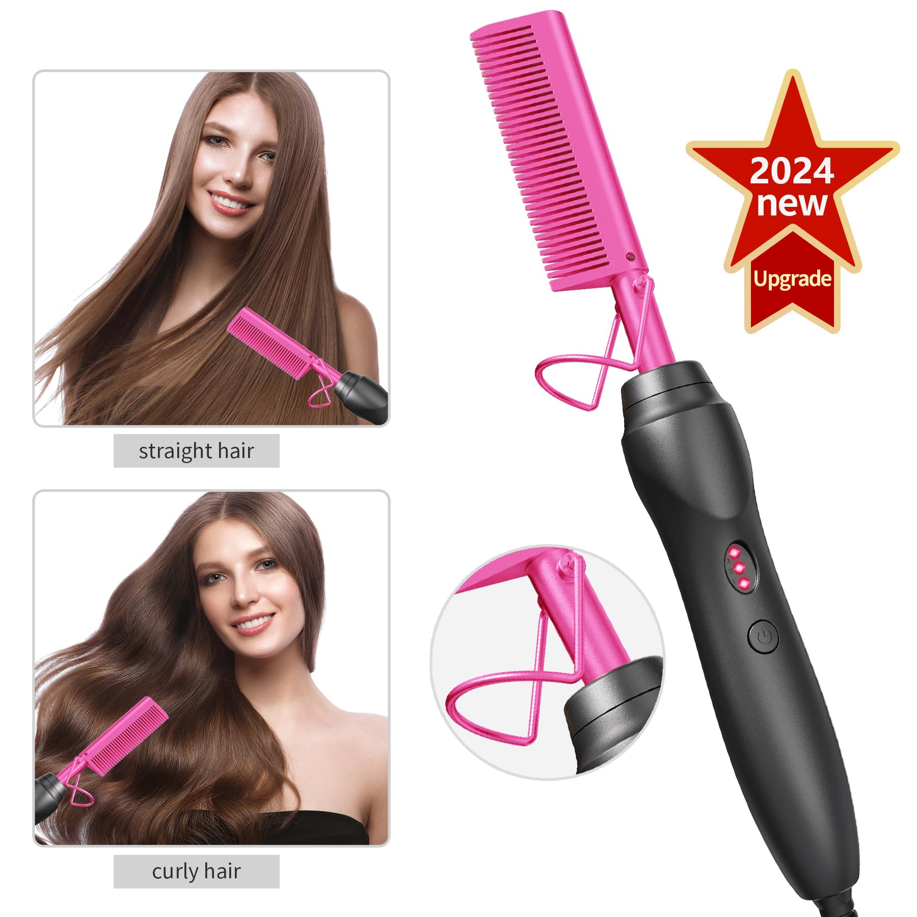 Hot Comb Hair Straightener Pressing Combs - Ceramic Electric Hair Straightening Comb, Curling Iron for Natural Black Hair Beard Wigs Holiday Gift - Pink