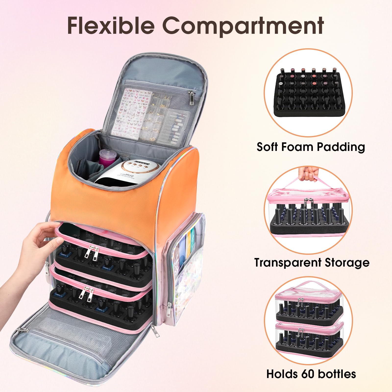 Nail Polish Organizer Bag Large Nail Polish Storage Organizer Case Backpack Holds 60 Bottles and Nail Lamp with 2 Removable Case Professional Nail Supplies Organizer for Manicurist