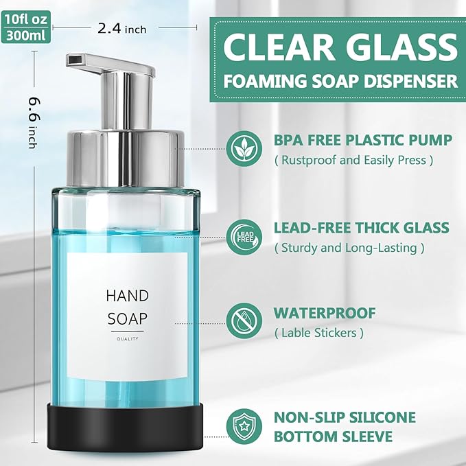 Glass Soap Dispenser, 10 oz/300ml Foaming Soap Dispenser, 2 Pack Foaming Hand Dispenser with 2 Non-Slip Silicone Bottom Sleeve, Clear Refillable Foam Soap Bottle with Silver Pump