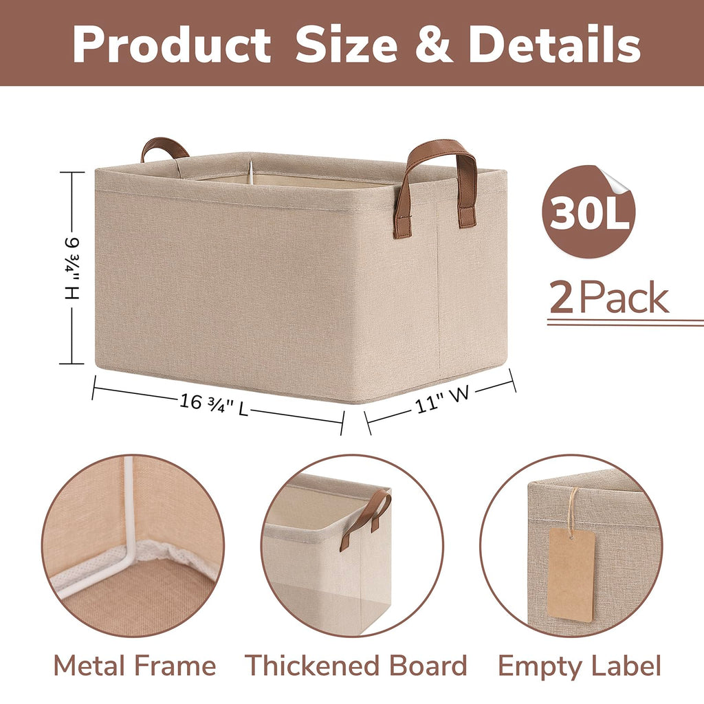 CHICVITA Storage Baskets for Shelves, Large Closet Storage Bins with Handles, Fabric Clothes Towels Baskets for Organizing, 16 ¾" L x 11" W x 9 ¾" H, Brown, 2-Pack
