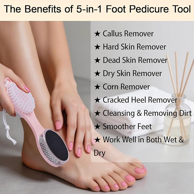 YIOYOODA Foot Scrubber Brush with Pumice Stone for Feet, 5-in-1 Foot File Callus Remover, Stainless Steel Feet Scraper, Cleaning Brush and Sand Paper Debris Catcher, Multi Purpose for Home Foot Care