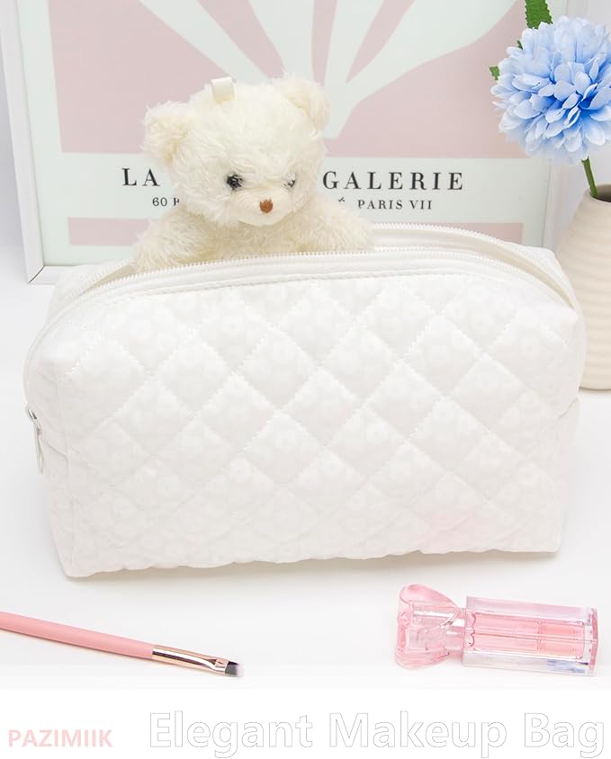 PAZIMIIK Small Quilted Makeup Bag,Zipper Cosmetic Pouch,White Floral
