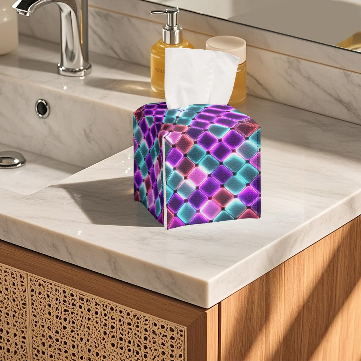 Neon Tissue Box Cover Colorful Rainbow Tiles Purple Blue Pink Leather Tissue Box Holder Square Facial Paper Organizer Dispenser for Car Bathroom Bedroom Office Tabletop Decor