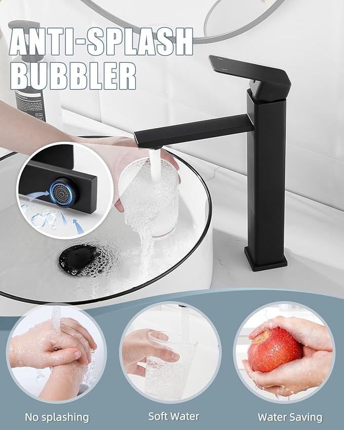 Bathroom Faucets, Matte Black Bathroom Faucet with Pop-up Drain and 2 Supply Hoses, Single Hole High Barrel Vanity Faucet for Vessel Sink, Single Handle Stainless Steel RV Faucet