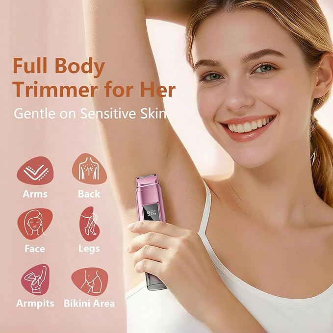 Electric Bikini Trimmer for Women: IPX7 Waterproof Dual Head Cordless Electric Shaver for Women with LED Display & 0.5mm Ceramic Blades for Pubic Hair, Face, Legs - Tea Rose